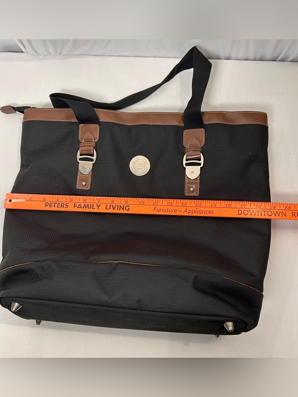 Chaps Black Tote with Brown Trim and Silver Buckle Details